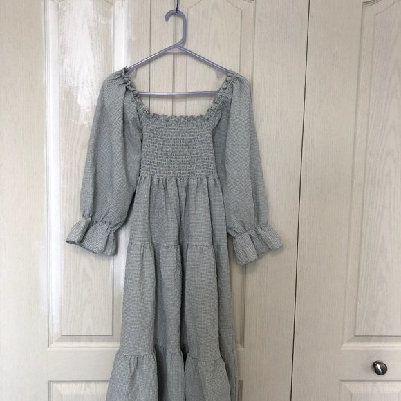 Shirred smocked bodice Midi Dress plaid green - Picture 8 of 9